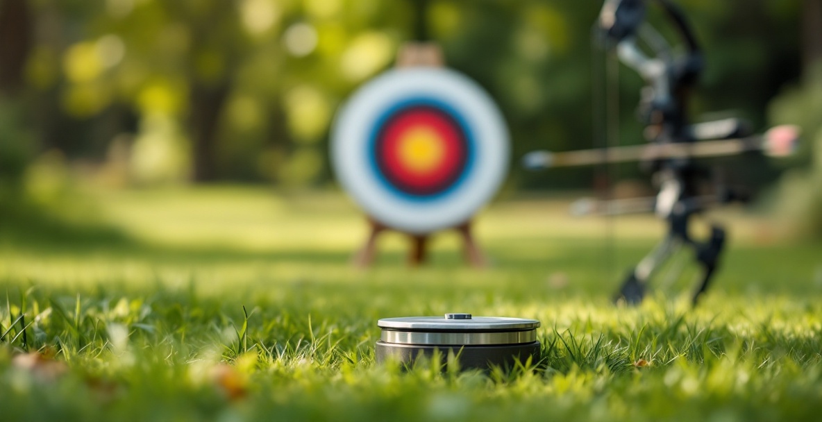 Home archery range with a focus on a stabilizer weight on grass, bow on stand, and a blurred target behind.