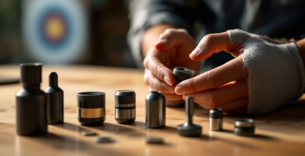 Archer examining stabilizer weights on a wooden table with natural light.