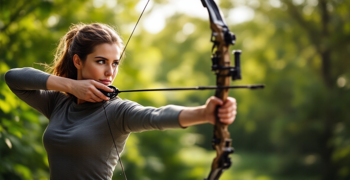 Archer in mid-shot with sleek stabilizer weights in a serene outdoor setting.