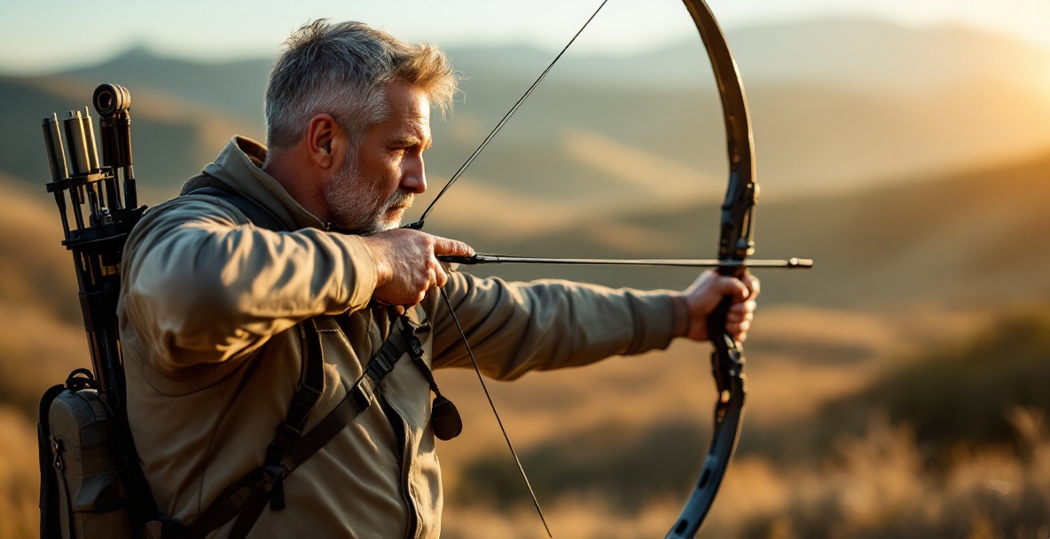 Middle-aged archer with a compound bow in a glowing landscape focuses on long-distance shooting.
