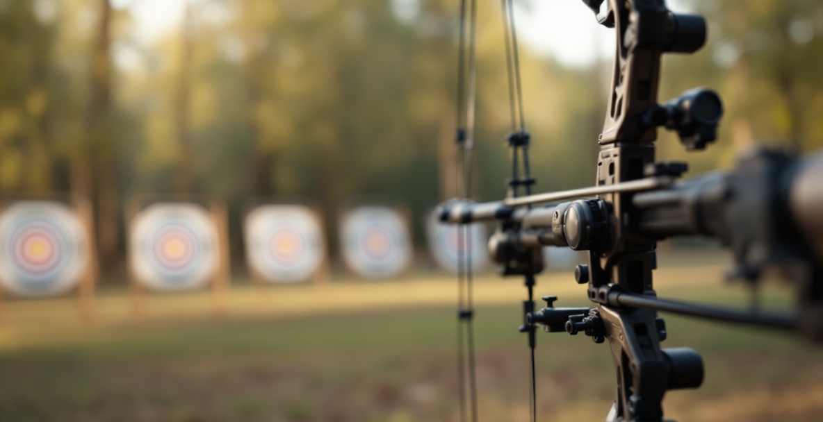 Modern compound bow with premium stabilizer at an archery range.