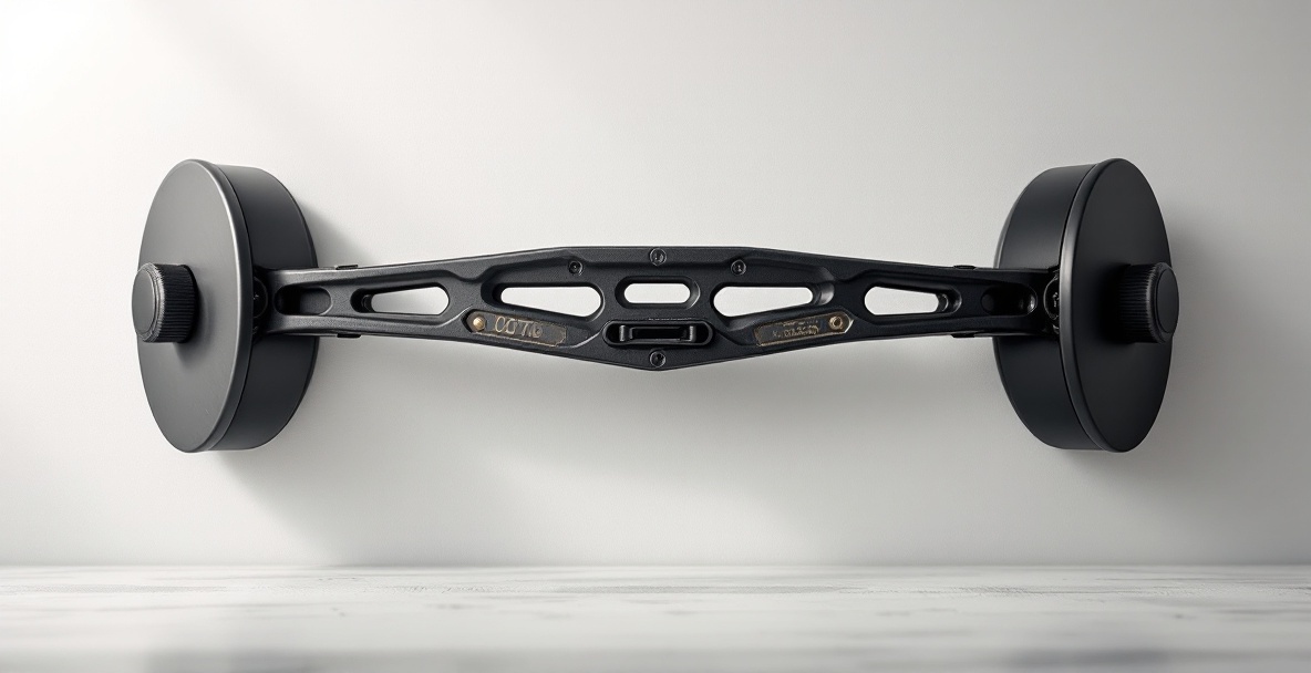 Realistic image of a high-quality bow stabilizer against a minimalist background.