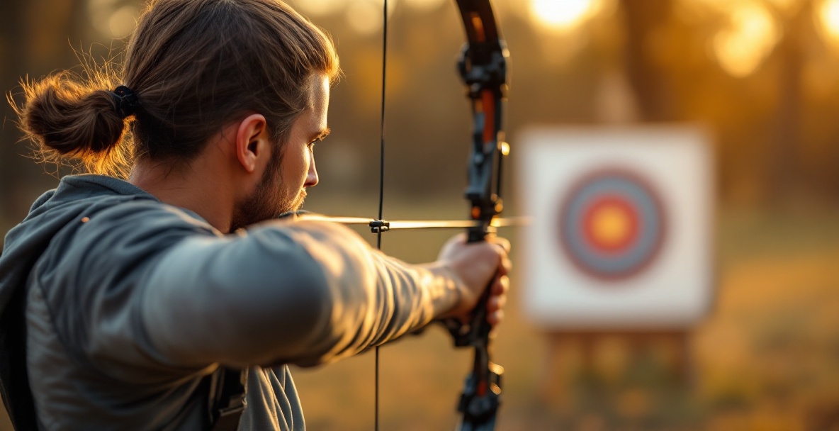 Professional archer with sleek stabilizer aiming at target during golden hour.
