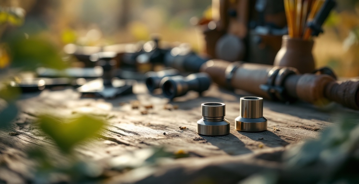 Archery stabilizer weights on a wooden table with blurred gear in the background.