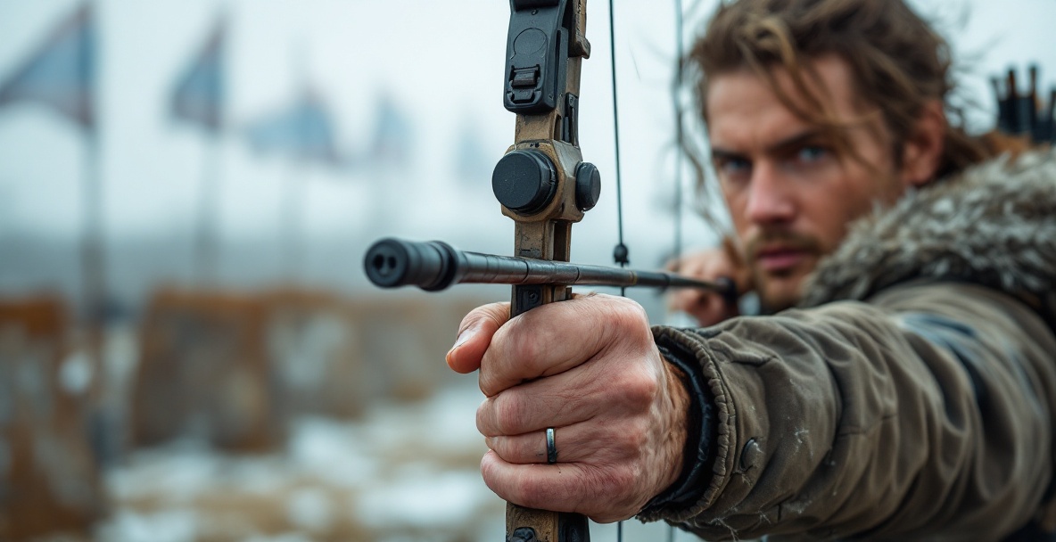 Archer with windswept hair aiming a bow with stabilizer weights on a windy day at an archery range.