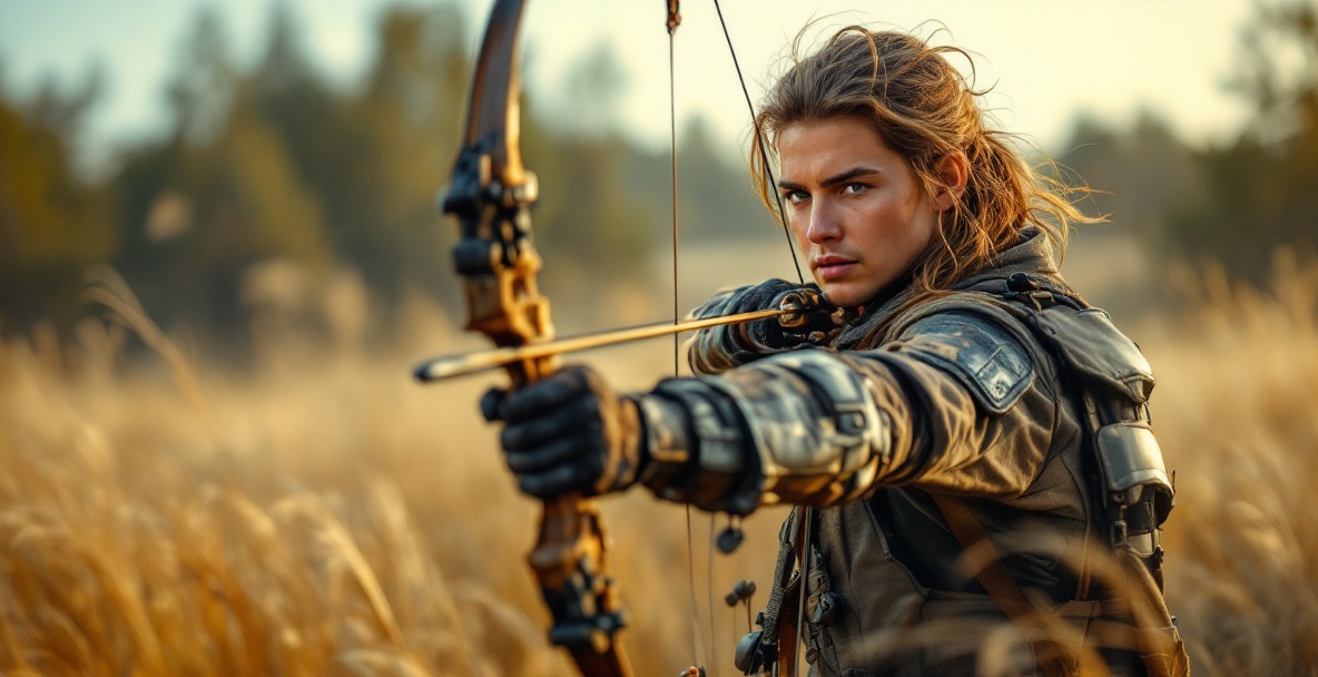 Archer in windy setting with bow and stabilizer weights mid-draw, grass and trees swaying.