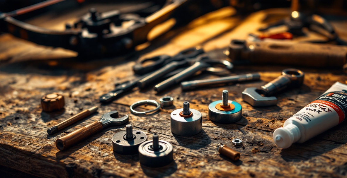 Tools for compound bow maintenance on a wooden workbench.