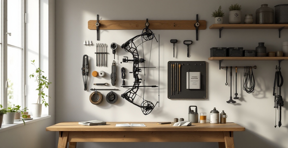 Neatly organized storage with a compound bow on a wall rack, surrounded by stabilizer weights and maintenance tools.