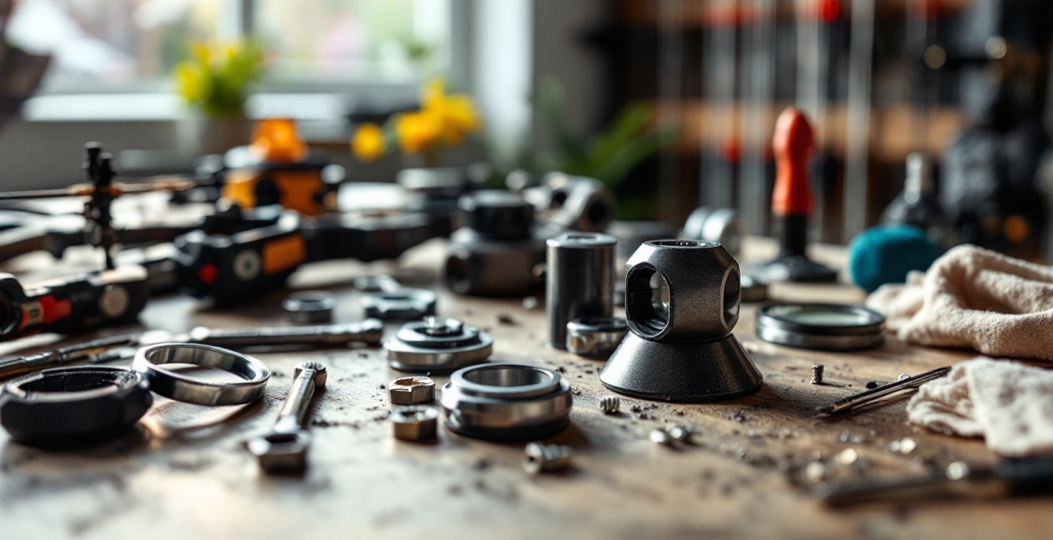 Close-up of an archer's table with compound bow stabilizer weights and tools.