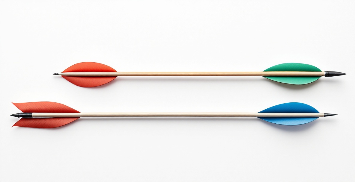 Three arrows with parabolic, shield, and banana fletching on a white background.