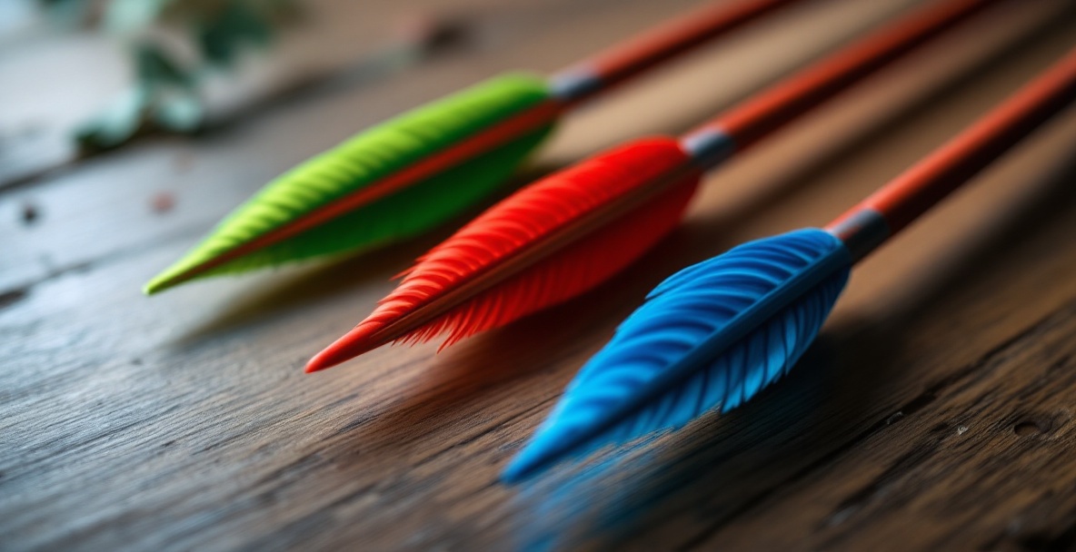 Three arrows on a wooden table with green, red, and blue fletching.