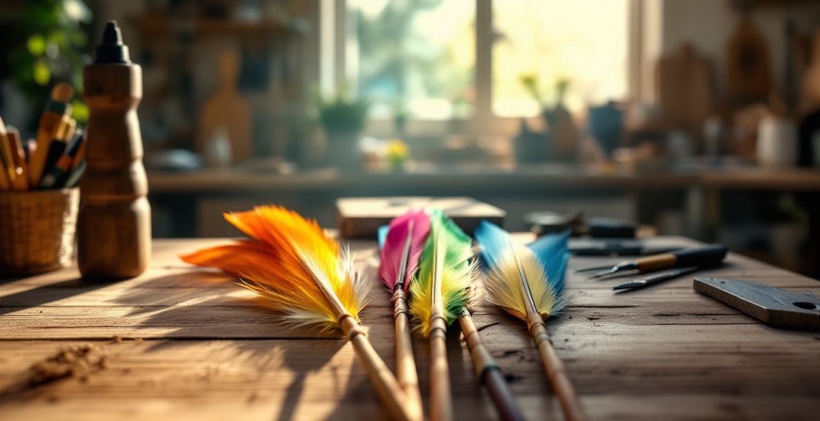 Close-up of a workbench with handmade arrows and fletching tools.
