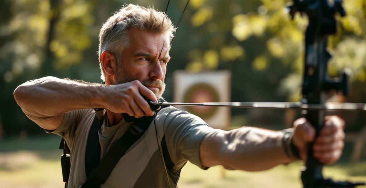 Seasoned archer adjusts bow stabilizer at sunlit outdoor range.