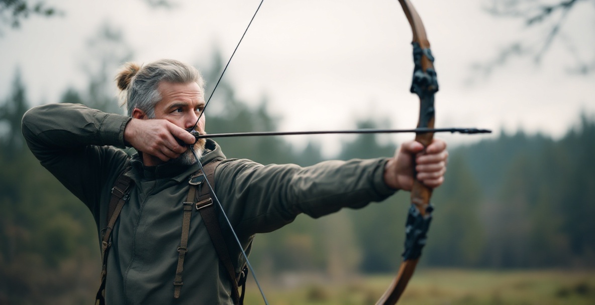 Archer in a forest, drawing a bow with focus and precision.