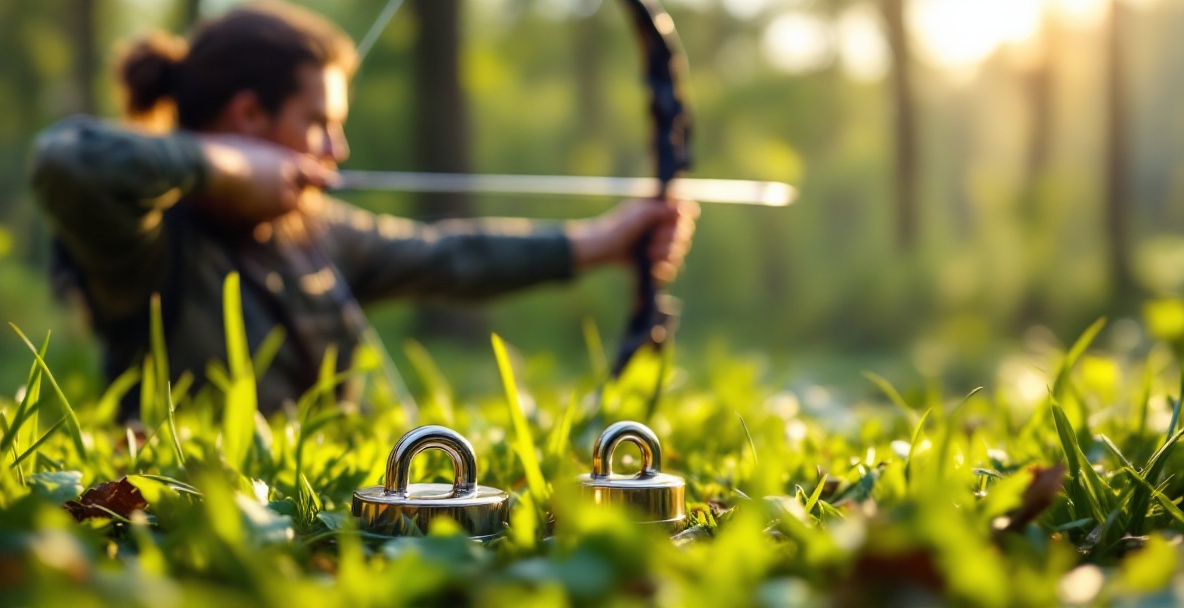 Archer poised in a forest with high-quality stabilizer weights on grass.