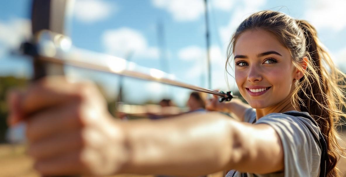 Young female archer with stabilizer weights aims at target in outdoor competition.
