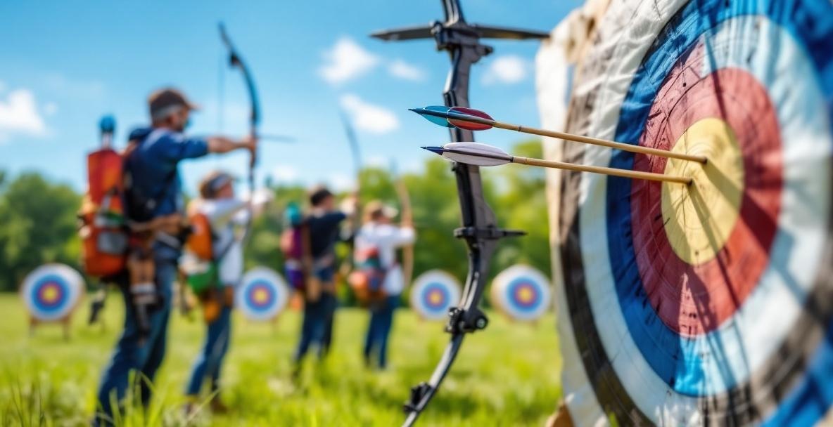 Amateur archers with unique bows on a field, focusing on a stabilizer weight and targets.