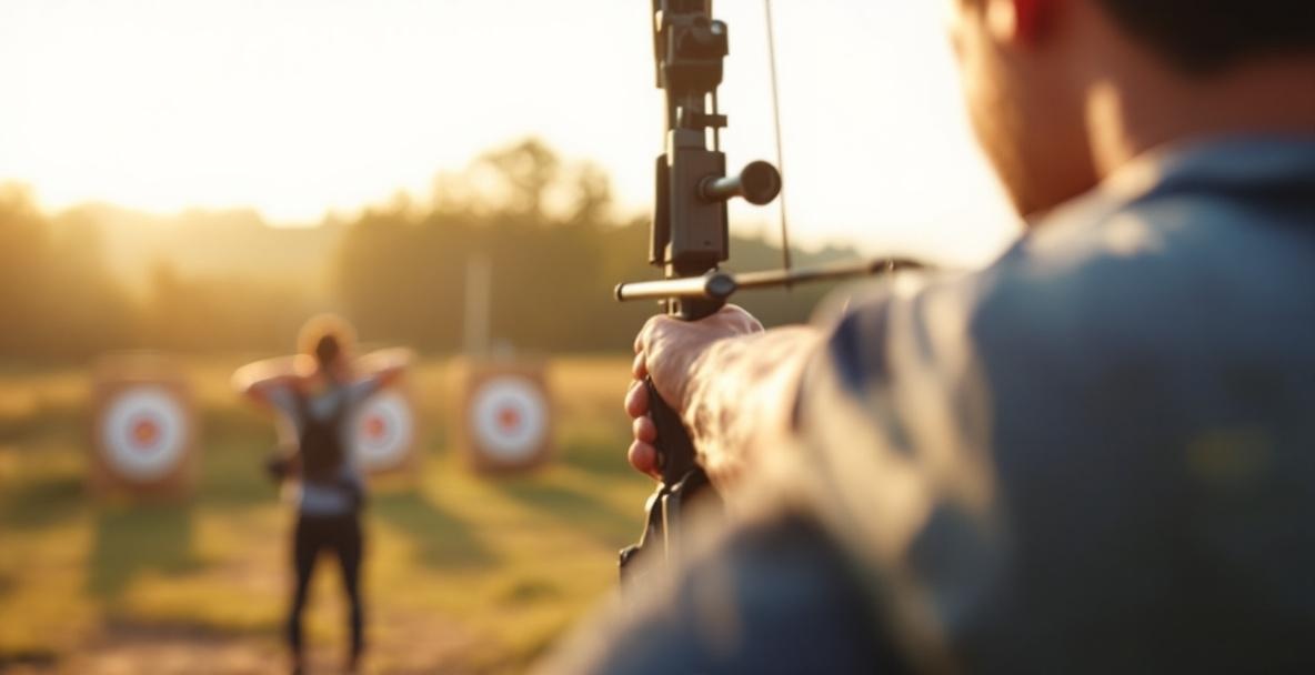 A sleek bow with a shining stabilizer in an amateur archery competition setting.