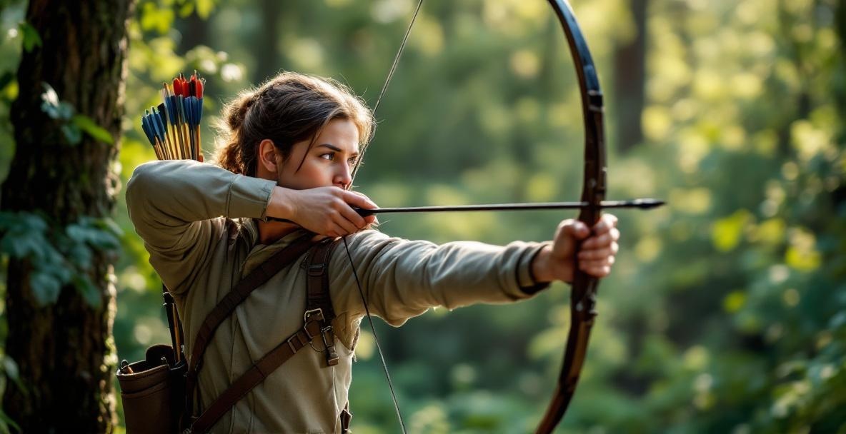Skilled archer practicing in a forest with high-quality bow and stabilizer weights.