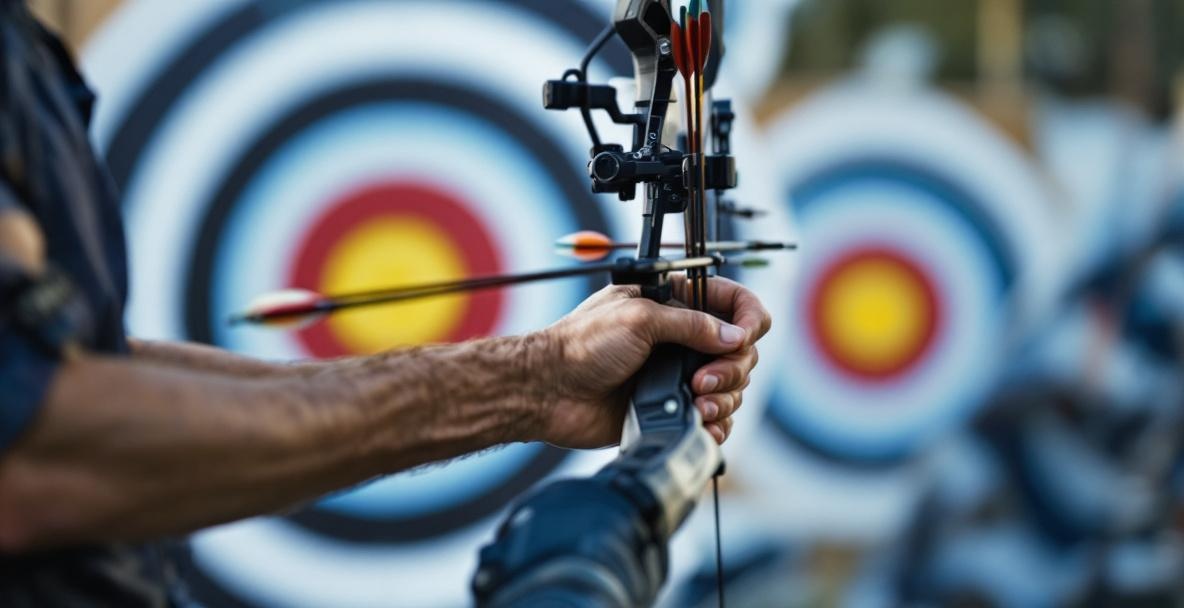 Archer's hands adjust stabilizer weights on a compound bow, with a target in the blurred background.