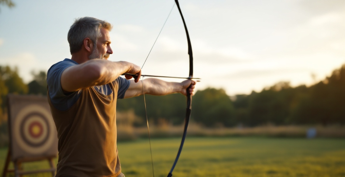 Archer stretches at dawn on a serene range, with target and stabilizer weights visible.