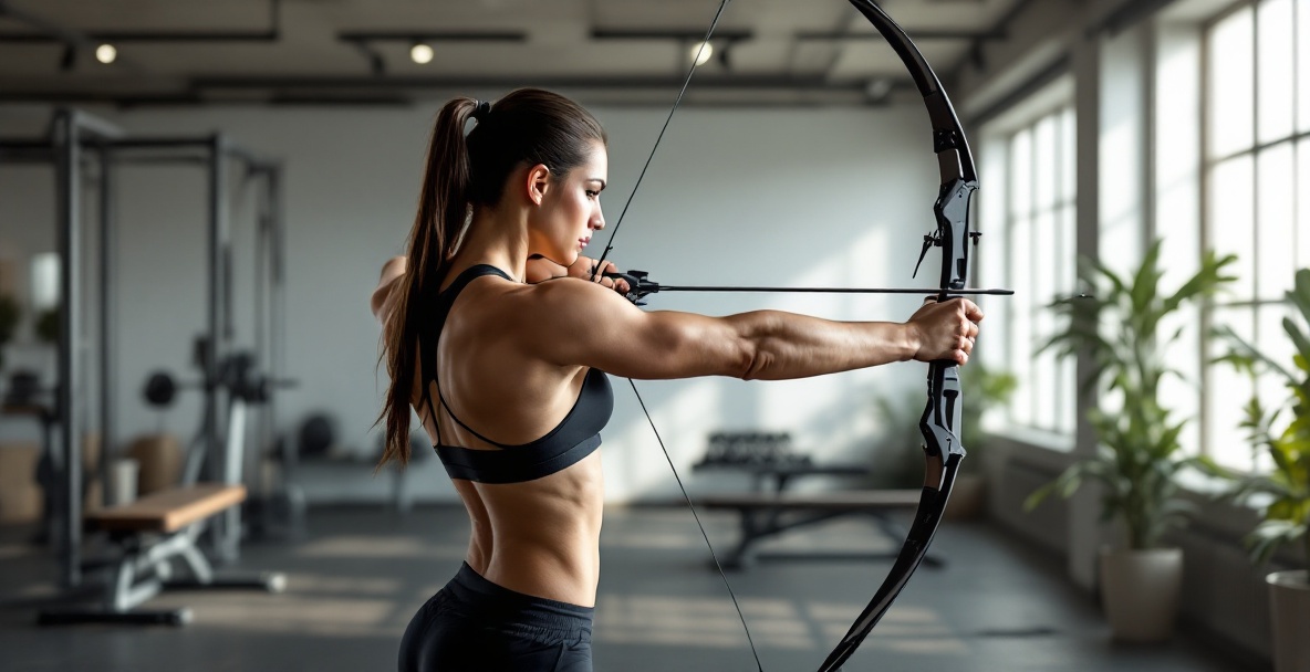 Archer performing back and shoulder workouts in a minimalistic gym with resistance bands and free weights.