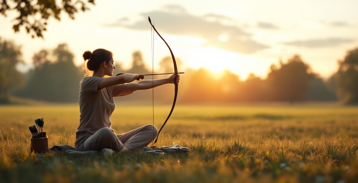 Archer stretches on grass with bow and arrows nearby, sunset in background.