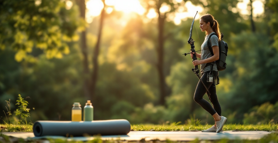 Archer in casual attire holds a bow amidst a tranquil forest, focusing on mental preparation.
