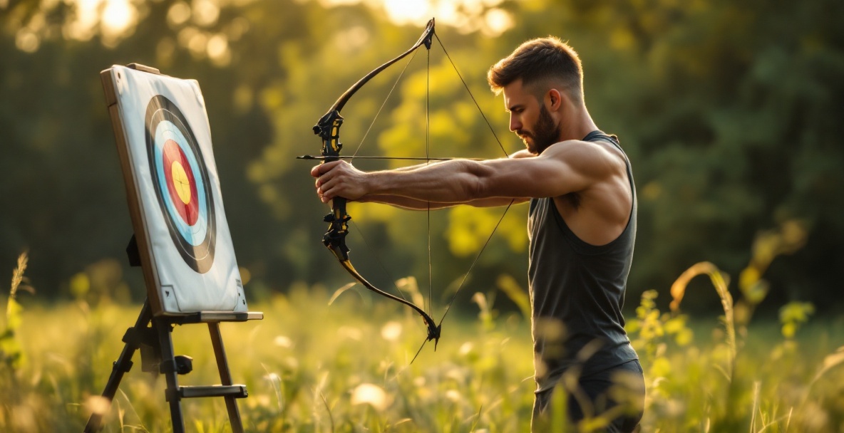 Archer in athletic gear stretches in a field, with bow and stabilizer weights on stand.