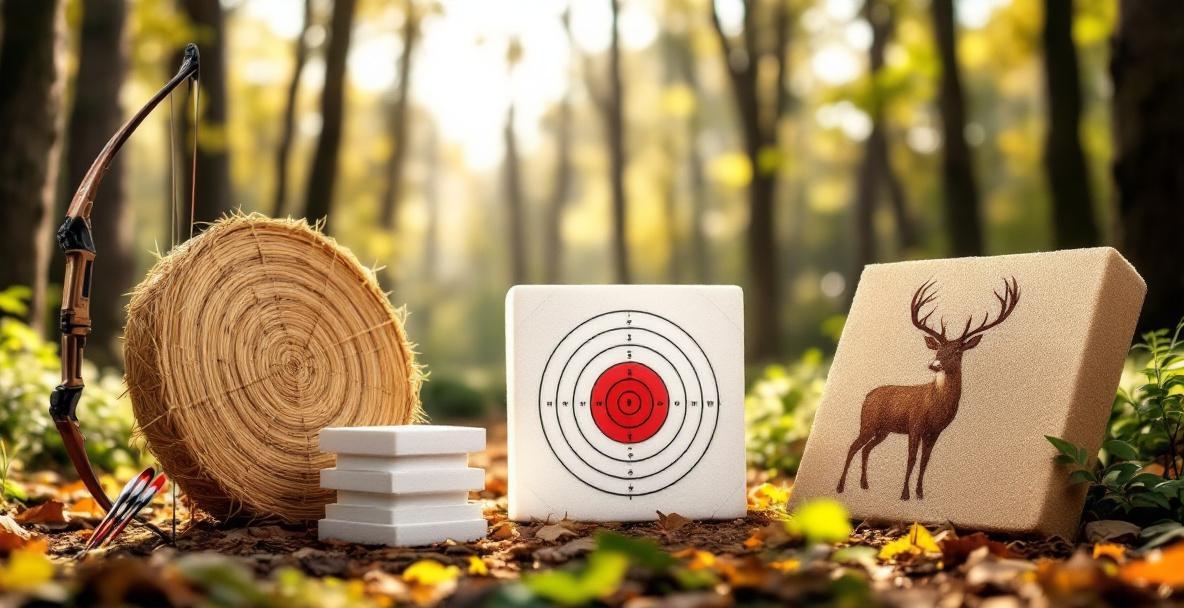 Archery targets in a woodland setting with a round straw, a foam block, and a 3D deer target.