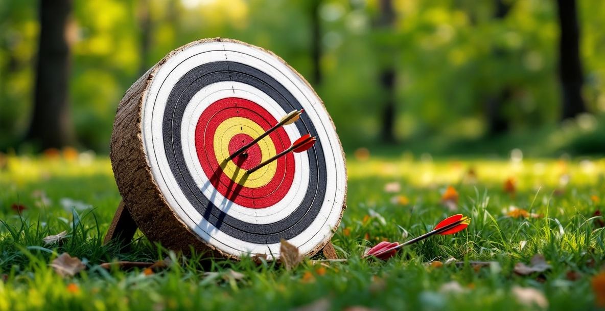 Archery range setup with a foam target, embedded arrows, and a bow against a lush outdoor backdrop.