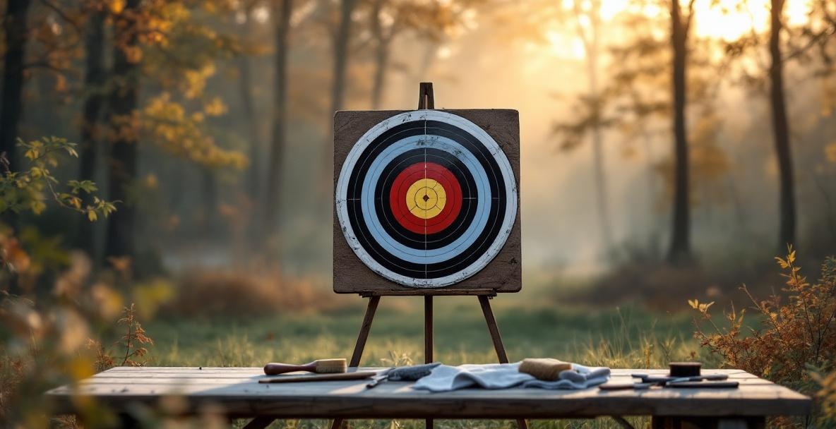 Archery range at dawn with a maintained target and tools in a serene wooded setting.