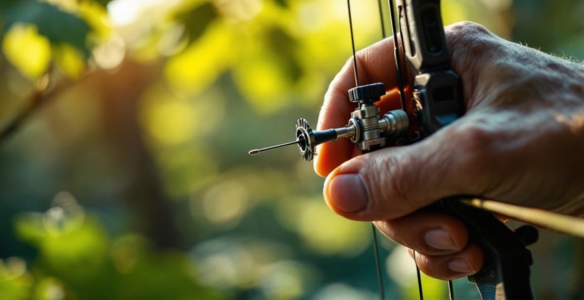 Close-up of an archer's hand adjusting sight pins on a compound bow in soft natural light.