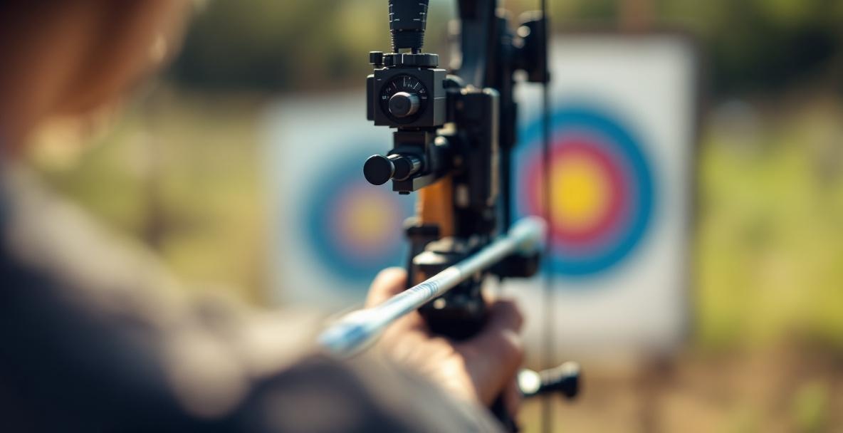 Close-up of a bow with sight pins on an outdoor archery range, focus on pins and arrow.
