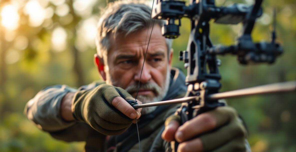Archer adjusting sight pins on a compound bow in a natural setting.