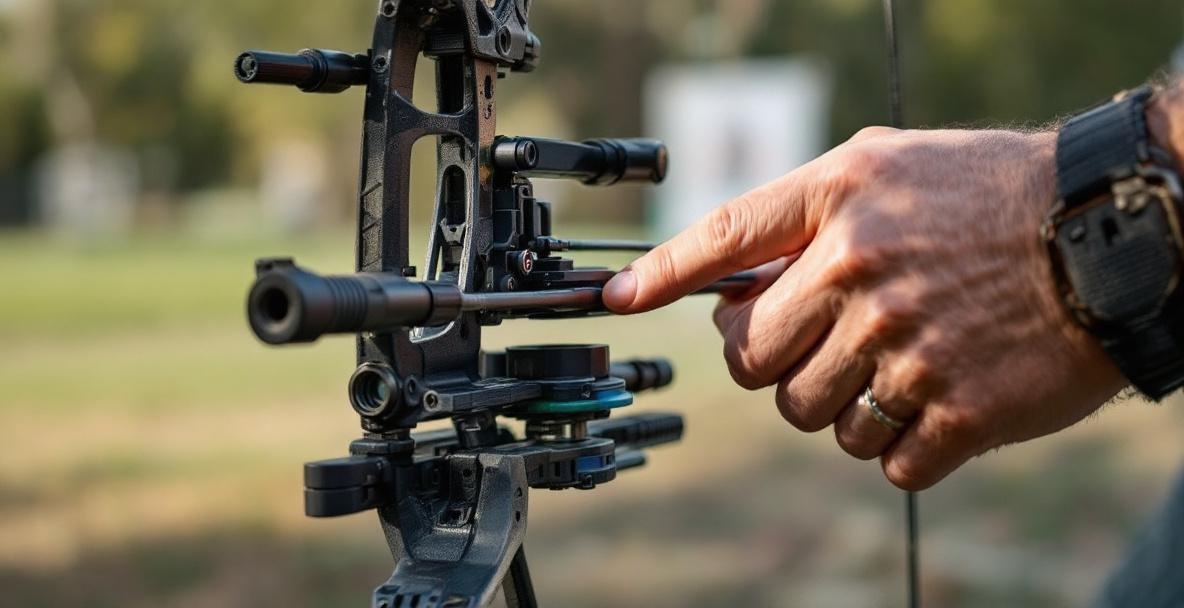 Close-up of an archer adjusting sight pins on a compound bow with stabilizer weights.