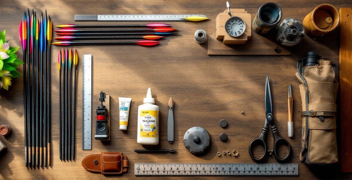 Workbench with arrow fletching supplies neatly arranged.