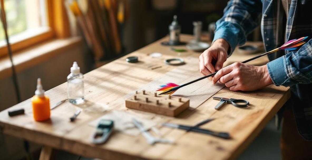 Workspace setup with tools and a half-finished arrow in progress.