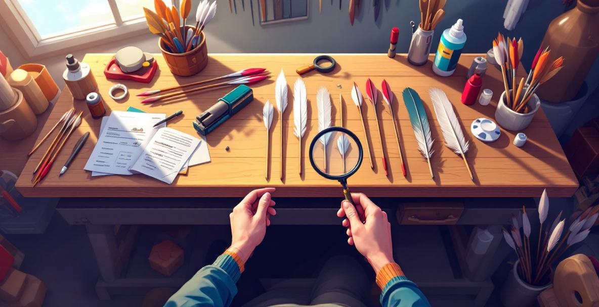 Hands inspect an arrow with a magnifying glass on a workbench in a well-lit workshop.