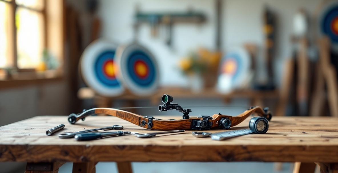 Organized workbench with archery tools for installing a bow sight in a lit workshop.