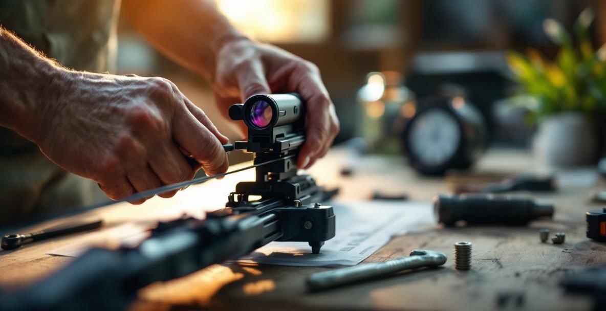 Hands aligning a bow sight on a compound bow with tools nearby on a workbench.