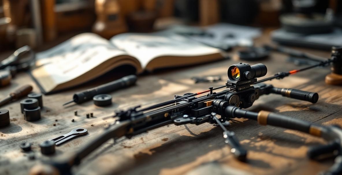 Archer's workbench with tools, bow, sight, and stabilizer weights in natural light.