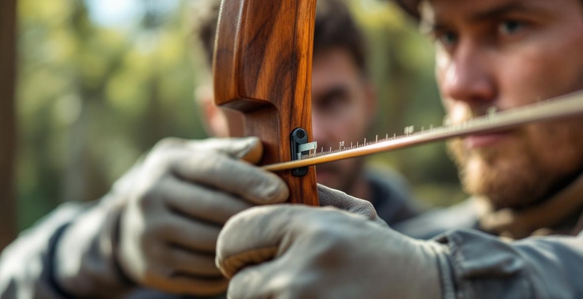 Professional archer measuring draw length with a bow in a natural setting.