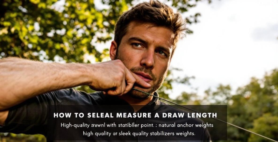 Archer measuring draw length with bow in a forest setting.