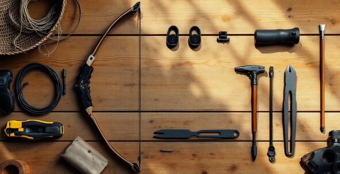 A wooden table with a recurve bow, string, and archery accessories arranged for assembly.