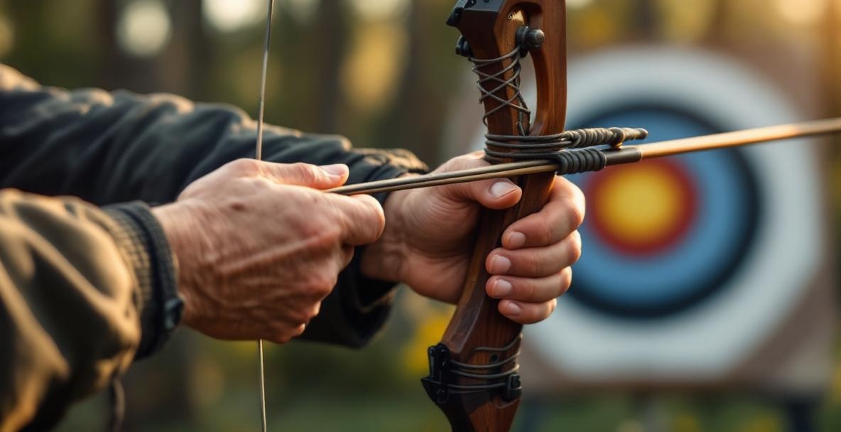 Close-up of a beginner improperly stringing a recurve bow with twisted string and stressed bow limbs.