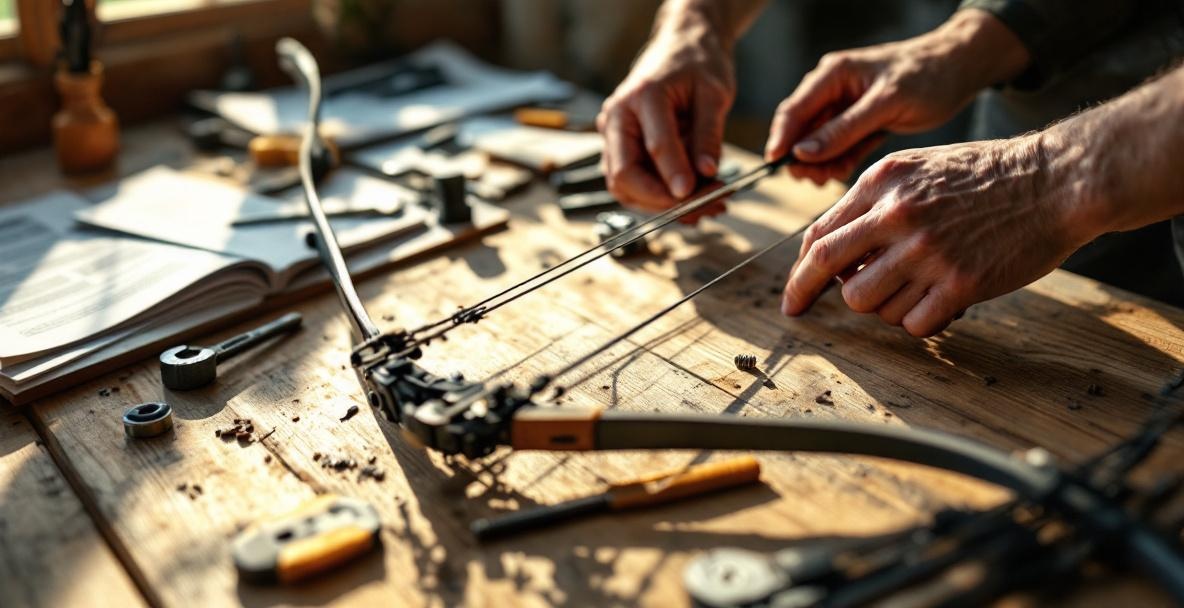 Close-up of archer's hands adjusting a recurve bow on a workbench.