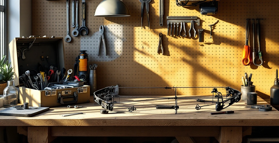 Compound bow on workbench with archery tools in natural light.