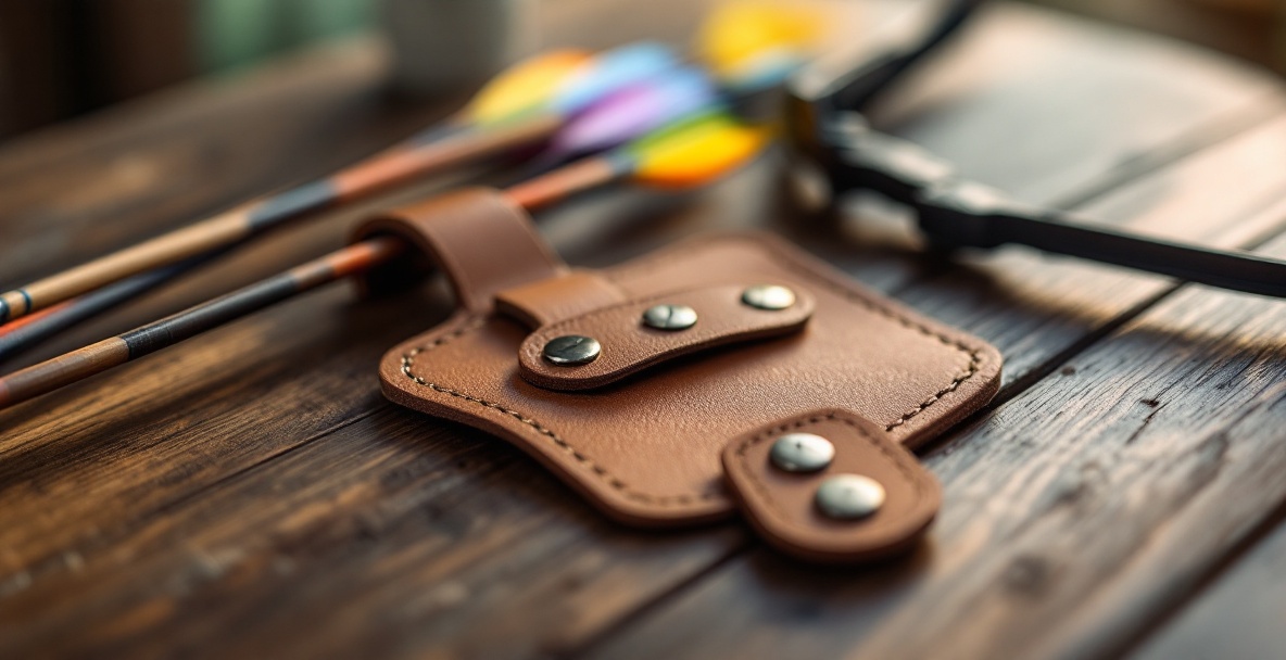 Leather finger tab with metal support on wood, arrows, and bow in background.