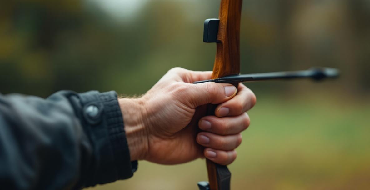 Close-up of an archer's hand using a finger tab with a modern recurve bow.